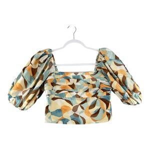 Abercrombie Fitch Smocked Square Neck Puff Sleeve Cropped Top Womens Size Medium